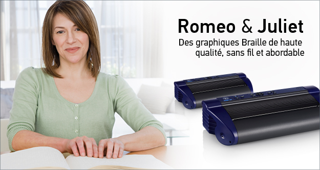 Romeo & Juliet Des graphiques Braille de haute qualité, sans fil et abordable (photo d'une femme souriante lisant un document braille)