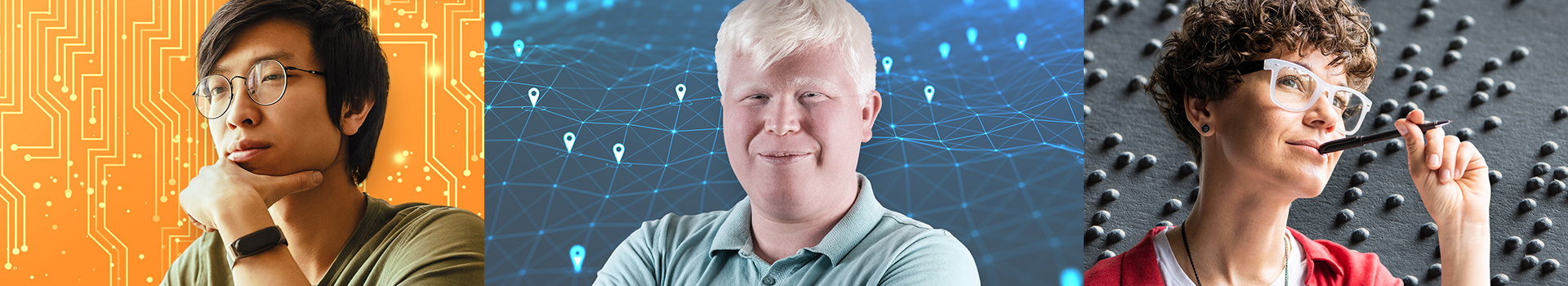 Photos of three employee profiles side by side: a young man facing his computer and lines of electronic circuits on an orange background, a man with albinism, proud and smiling, arms crossed on a dark blue background dotted with geolocation pointer icons, and a woman thinking while pressing her pencil to her lips on a dark gray background dotted with braille.