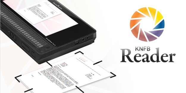 Image showing the BrailleNote Touch scanning a print document using the KNFB reader app.