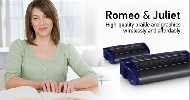 Romeo & Juliet embossers - High-quality braille and graphics wirelessly and affordably (image showing a woman reading braille and the Romeo & Juliet embossers)