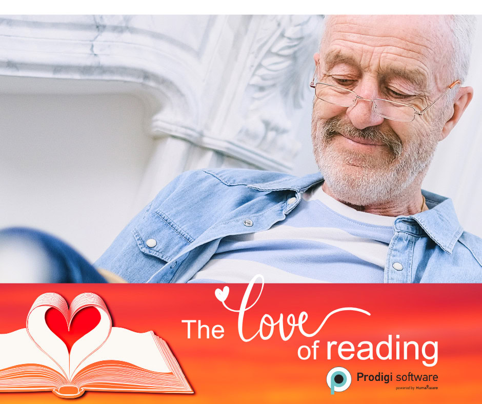 A man in a sofa reading a book, with the text "The love of reading" and an icon of a book forming a heart shape.