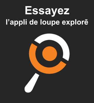 Image d'une invitation à essayer l'application de loupe exploré, avec un logo stylisé représentant une loupe sur fond noir.