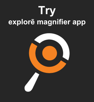 Image of an invitation encourages users to try the magnifier app, featuring a stylized logo of a magnifying glass against a black background.