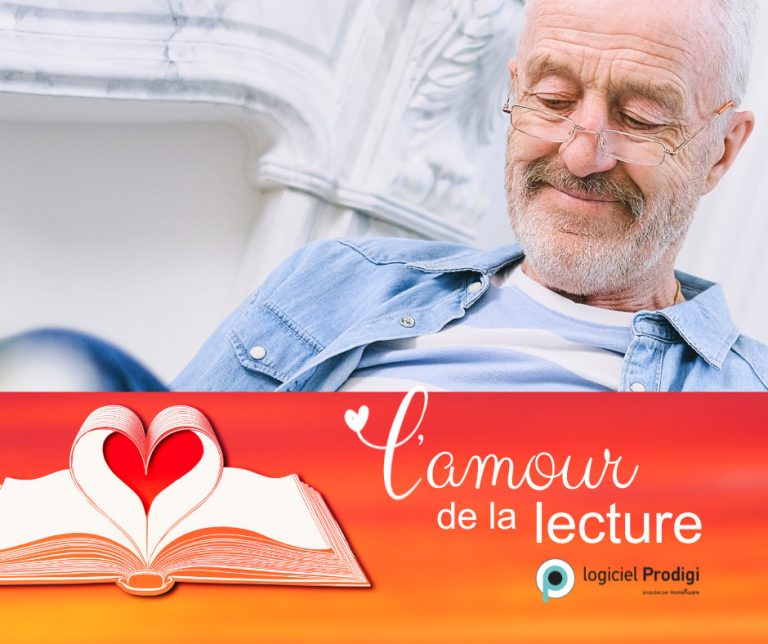 Un homme dans un canapé lisant un livre, avec le texte « L'amour de la lecture » et un livre en forme de cœur.