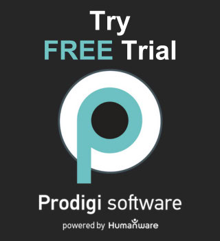 Image of Free trial of Prodigi software, featuring a stylized logo in the shape of a "P". The dark background highlights the text.