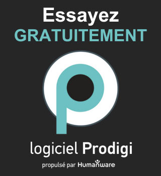 Image de l'essai gratuit du logiciel Prodigi, présentant un logo stylisé en forme de "P". Le fond sombre met en valeur le texte.