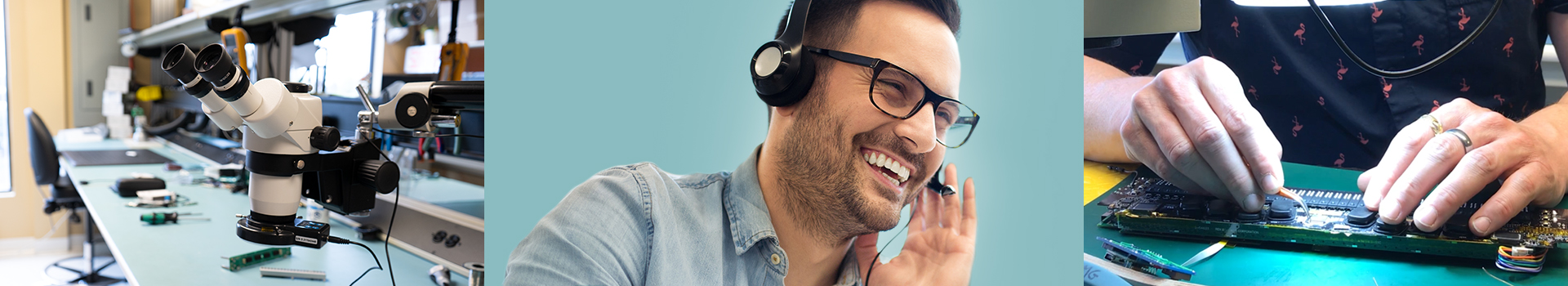 Image of a technician working with a microscope on the left, a customer support representative smiling while on a headset in the center, and hands assembling electronic components on the right. The image represents various aspects of technical support and product servicing.